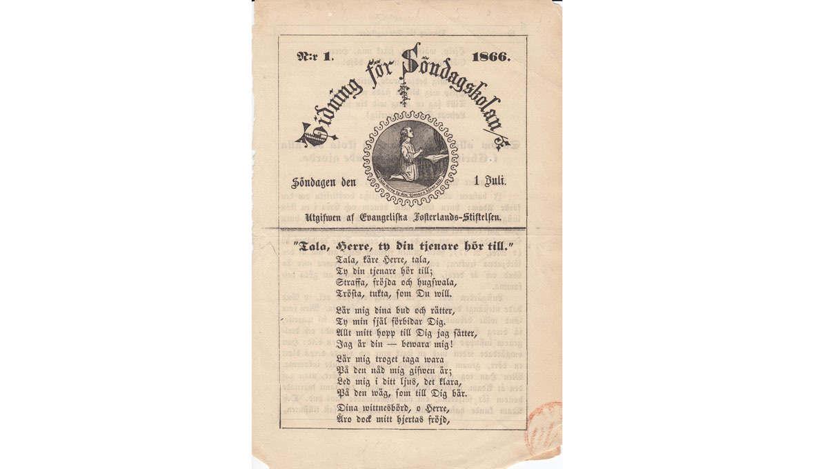 Första numret av Tidning för Söndags-skolan, 1866.